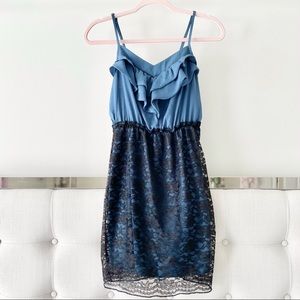 Blue Torquoise Ruffle and Black Lace Dress